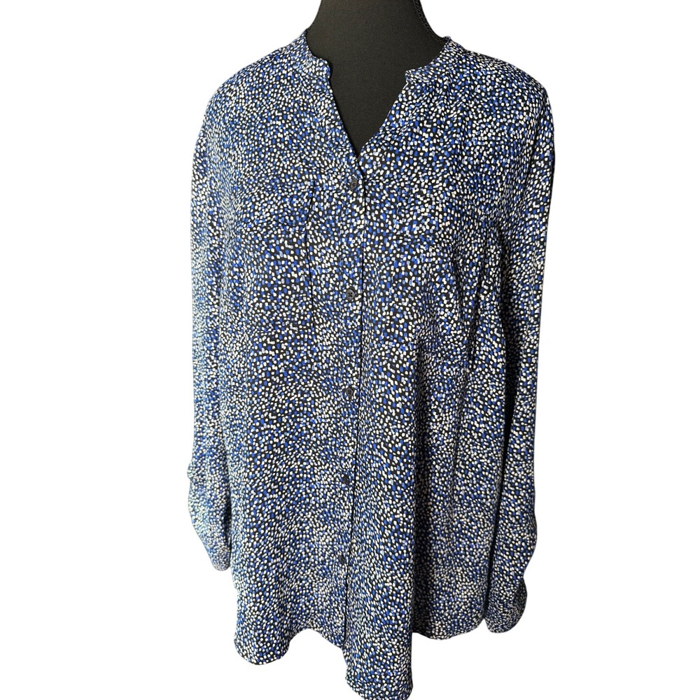 Jones New York Signature Womens Top Blue Black White Dot‎ Print Size L